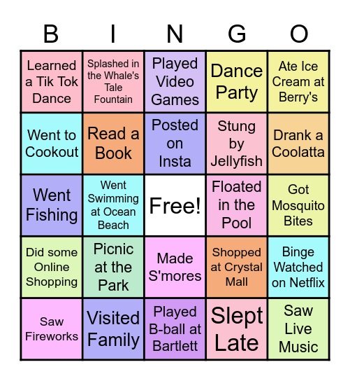 What I Did On Summer Vacation Bingo Card