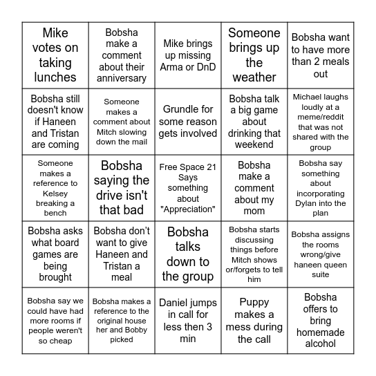Sunday Night Bingo Card
