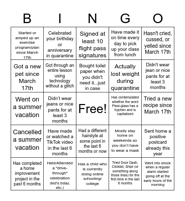 Quarantine/Back-to-School Bingo Card