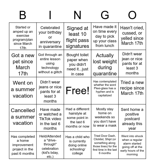 Quarantine/Back-to-School Bingo Card