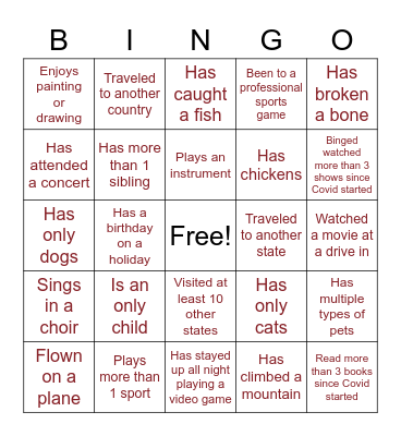 Get to know you Bingo Card