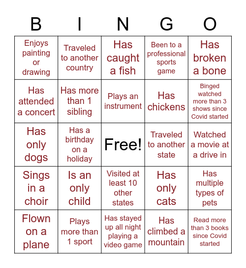Get to know you Bingo Card