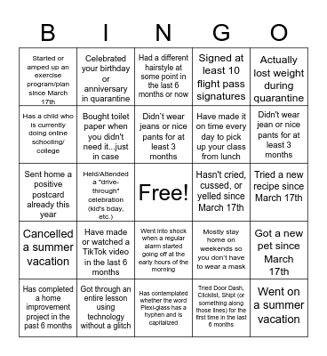 Quarantine/Back-to-School Bingo Card