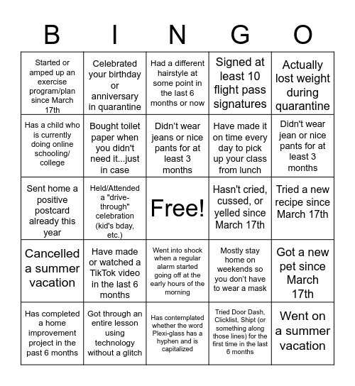 Quarantine/Back-to-School Bingo Card