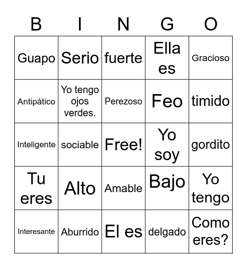 Adjetivos Bingo Card