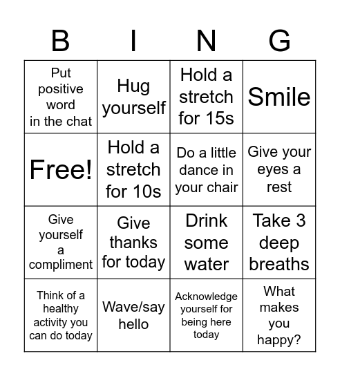 Online Wellness Bingo Card