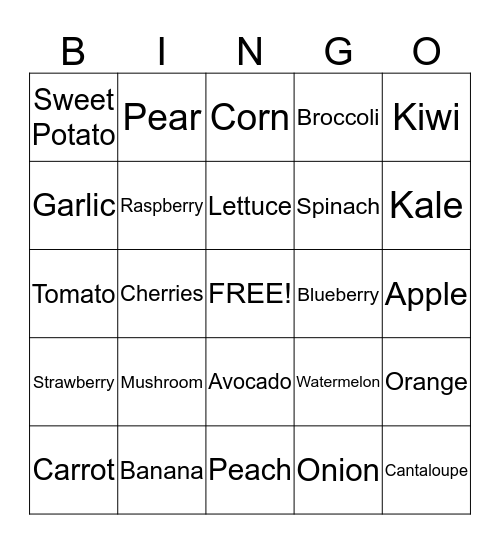 Nutrition Bingo Card