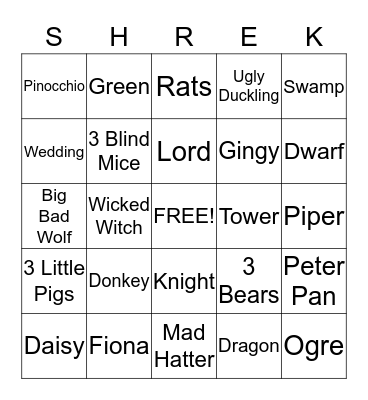 Shrek Bingo Card