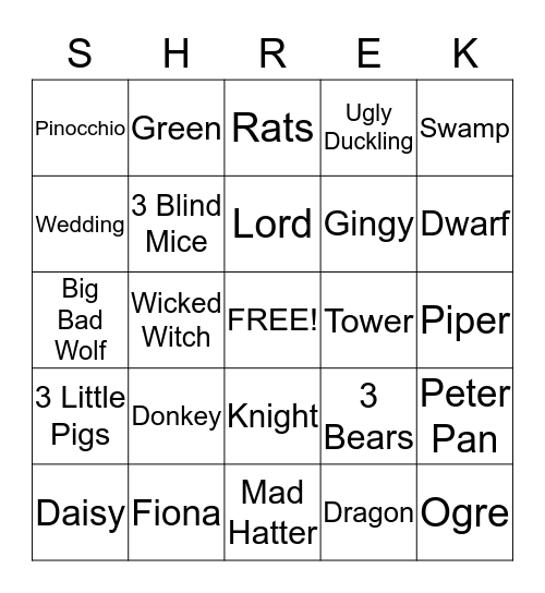 Shrek Bingo Card