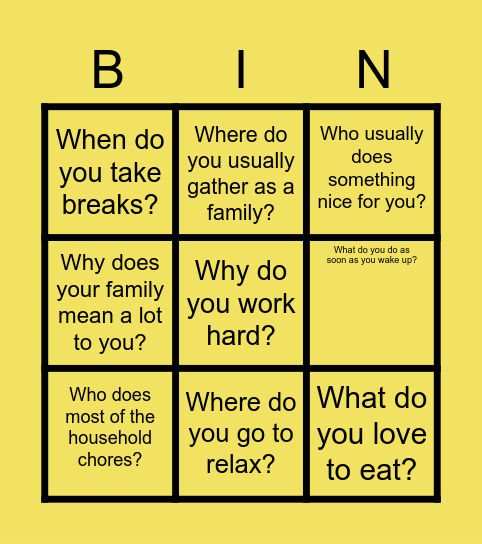 WH Questions Bingo Card