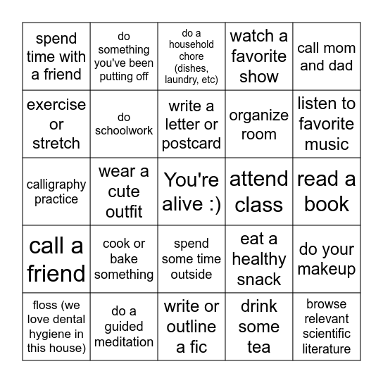 Self care bingo <3 Bingo Card