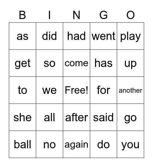 Snap Words Bingo Card
