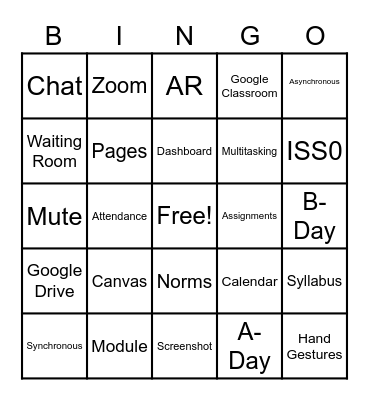 Virtual School Week 1 Bingo Card