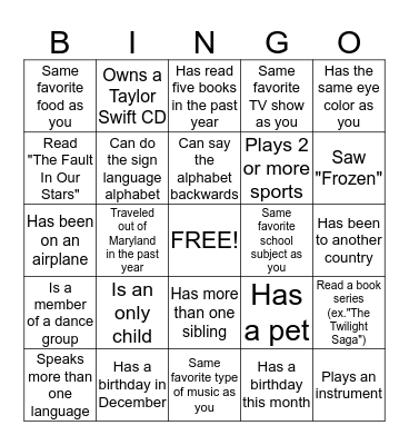Get to know you BINGO Card