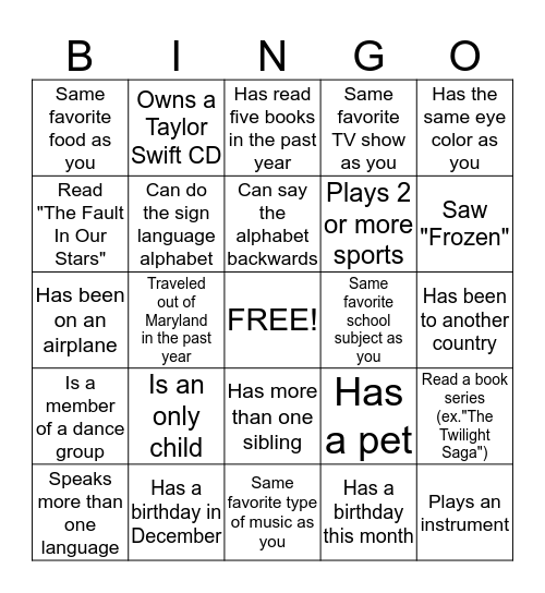 Get to know you BINGO Card