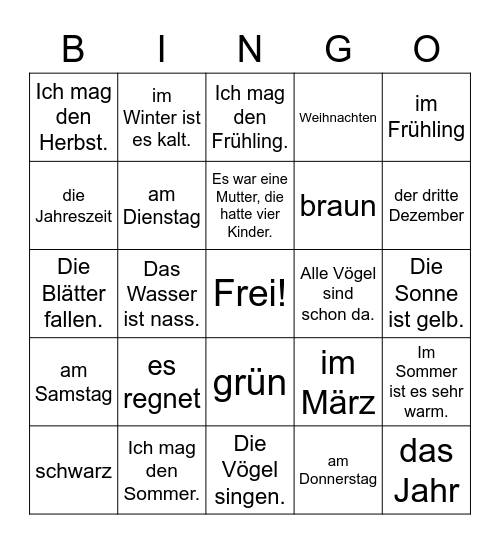 Die Jahreszeiten Bingo Card