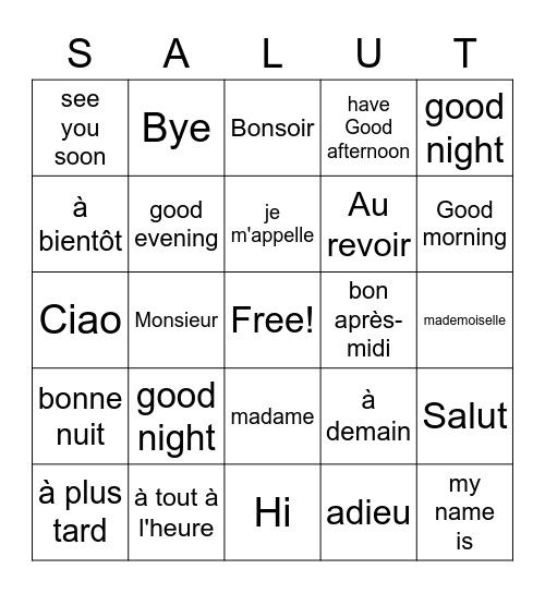 Bonjour! Au revoir! Bingo Card