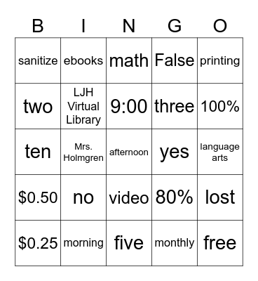 Library Orientation Bingo Card