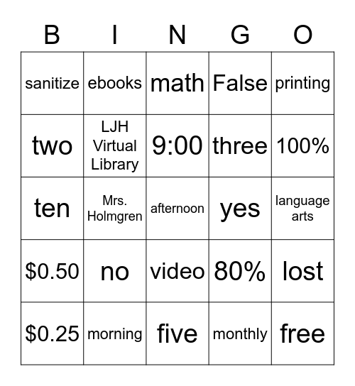 Library Orientation Bingo Card