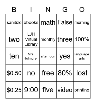 Library Orientation Bingo Card