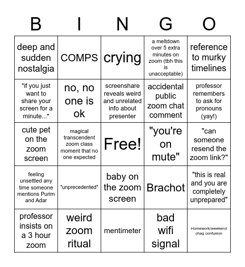 JTS First Week 5780 Bingo Card