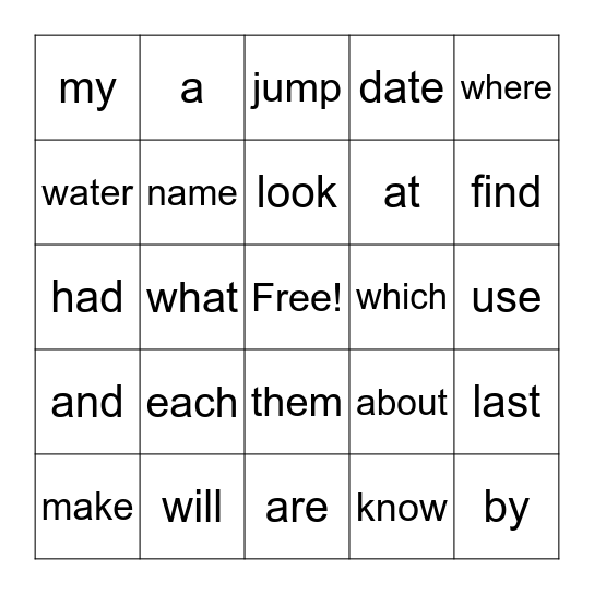 First Grade Sight Words Bingo Card