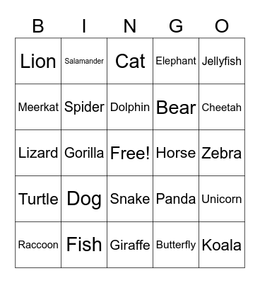 Animals Bingo Card