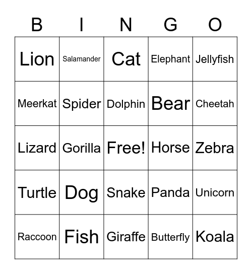 Animals Bingo Card