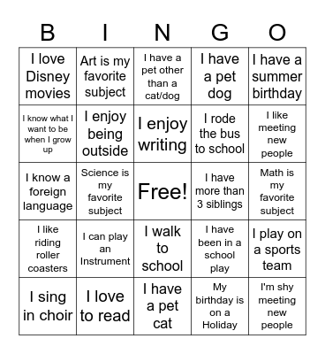 Back to School Bingo Card