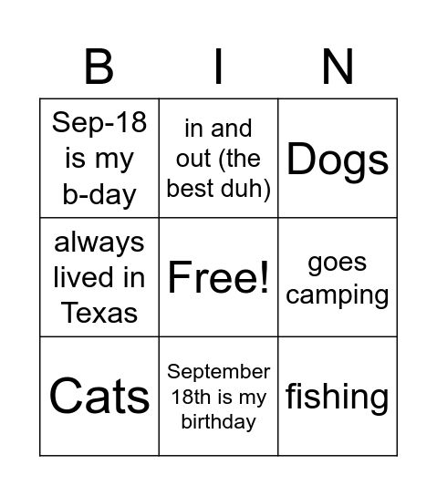 things about me Bingo Card