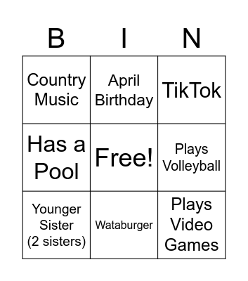 Payton's Bingo Card