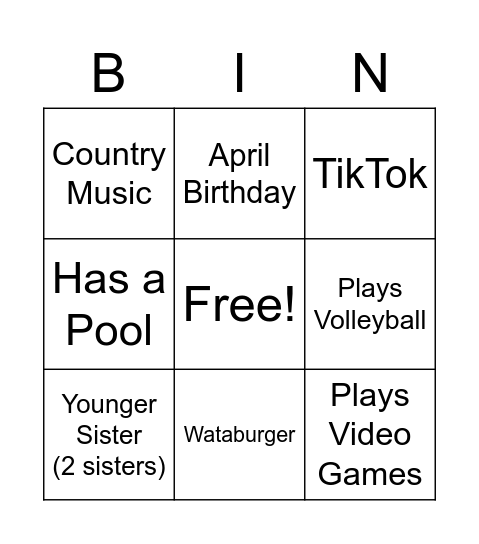 Payton's Bingo Card
