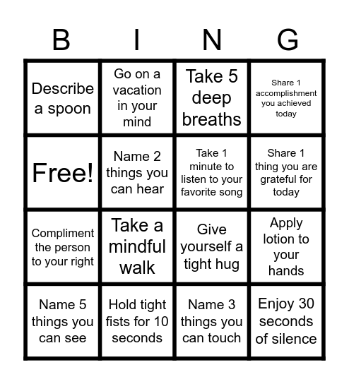 Mindful Bigo Bingo Card
