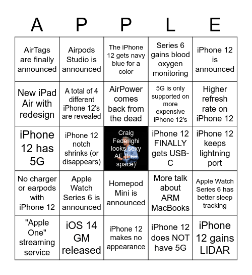 Apple September 15th 2020 Event Bingo Card