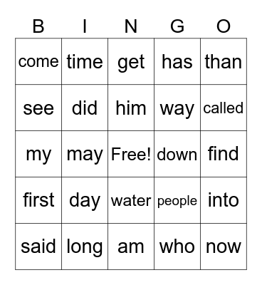 SIGHT WORD Bingo Card