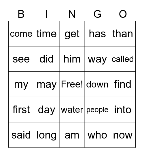 SIGHT WORD Bingo Card