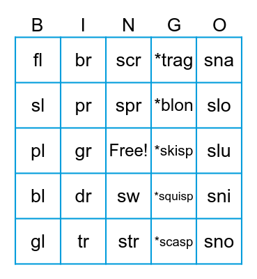 Blends/Nonsense/Slides Bingo Card