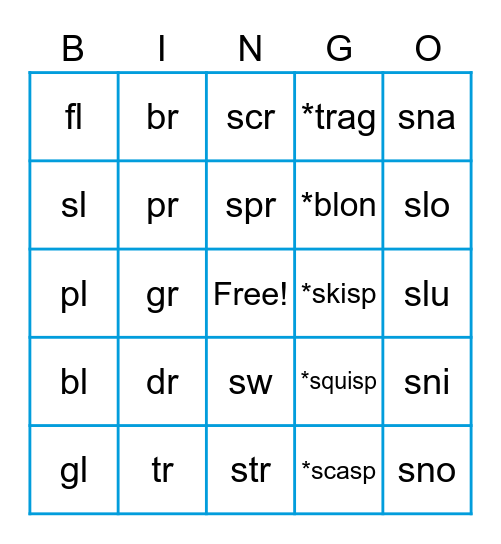 Blends/Nonsense/Slides Bingo Card