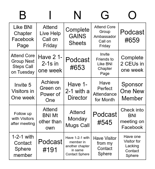 BNI Bingo for Core Group Bingo Card
