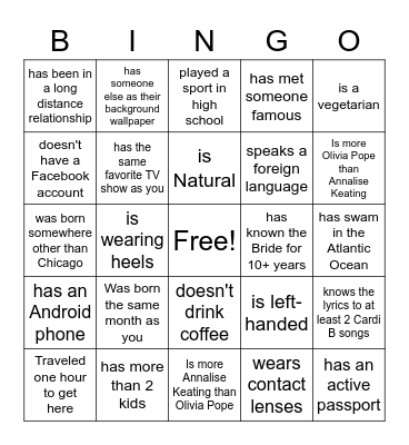 Bridal Shower Bingo Card