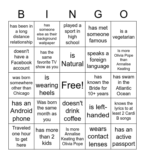Bridal Shower Bingo Card