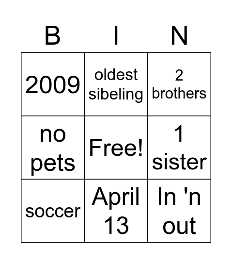 Elijah's Bingo Card