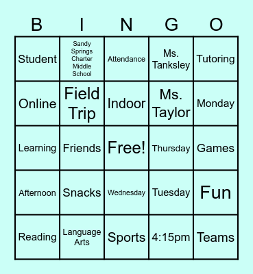 After School All-Stars Bingo Card
