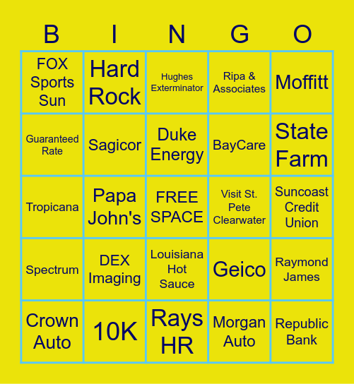 Rays Corporate Partner BINGO Card