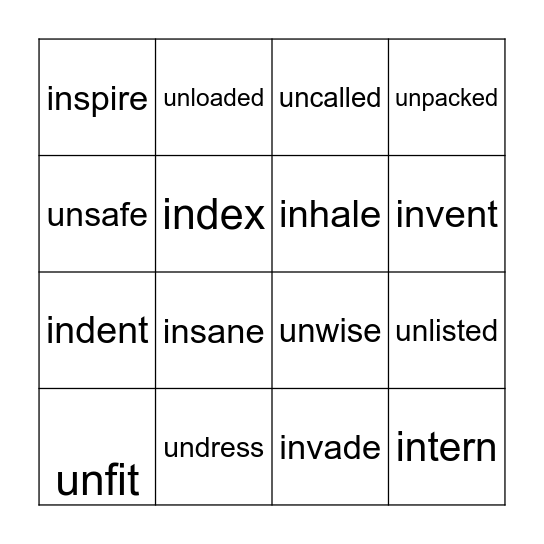 Un/In Bingo Card