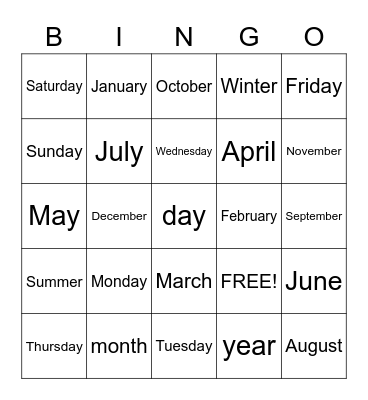 Months of the Year/Days of the Week Bingo Card