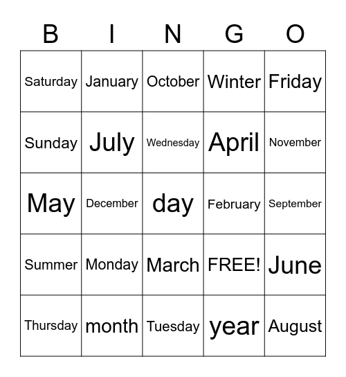 Months of the Year/Days of the Week Bingo Card