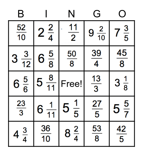 Mixed Numbers & Improper Fractions Bingo Card
