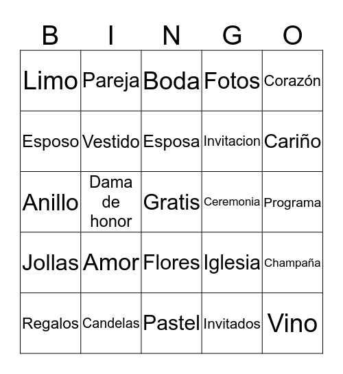 Sara's Bridal Shower Bingo Card
