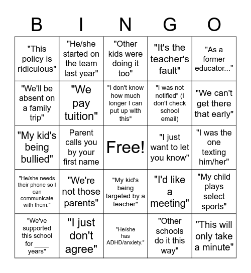 Parent Conference Bingo Card